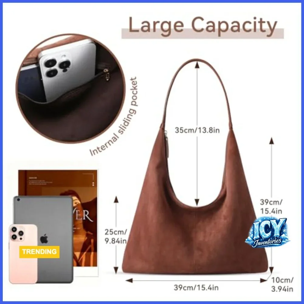 Faux Suede Hobo Shoulder Bag Slouchy Tote Crossbody Purse